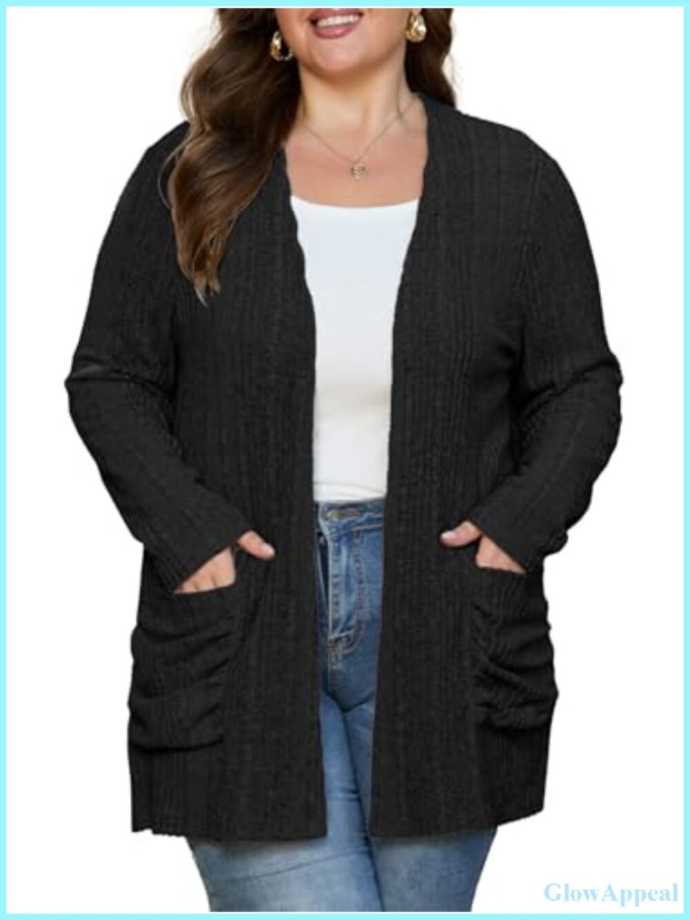 Women's Plus Size Open Front Ribbed Cardigan Sweater with Pockets